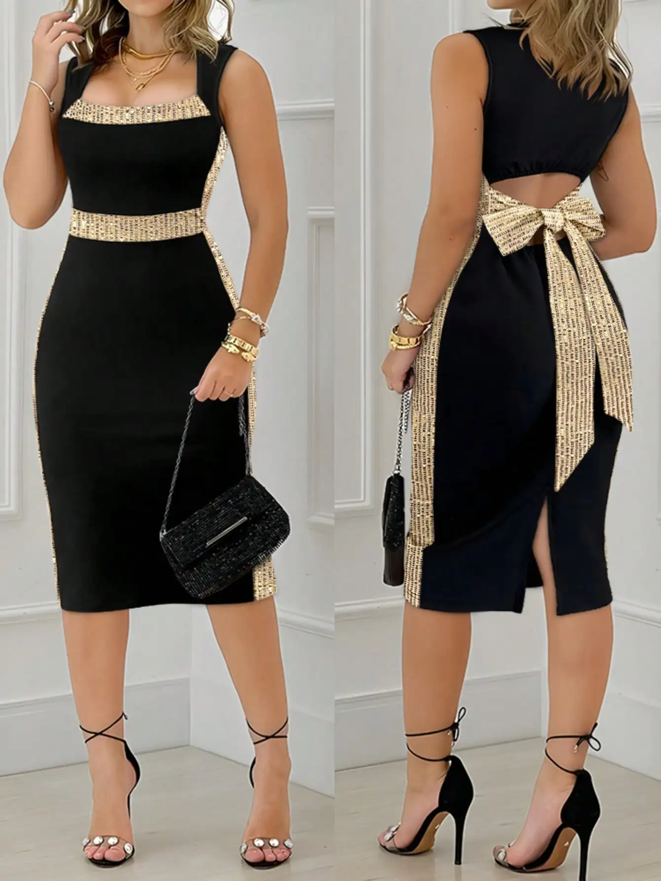 Vestido midi negro sin mangas con cuello cuadrado, ribete de lentejuelas doradas, lazo en la espalda y abertura lateral.