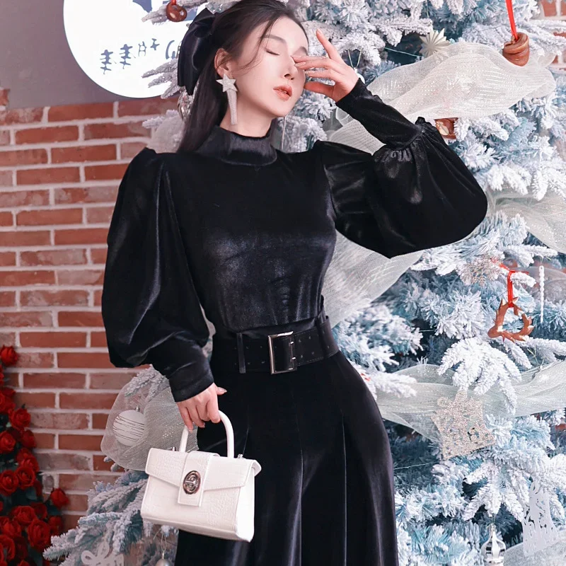 

Women's Stand Collar Lantern Sleeve Slim Office Lady Shirts Tops 636P French Sexy Solid Velvet Blouse Spring Autumn New Luxury