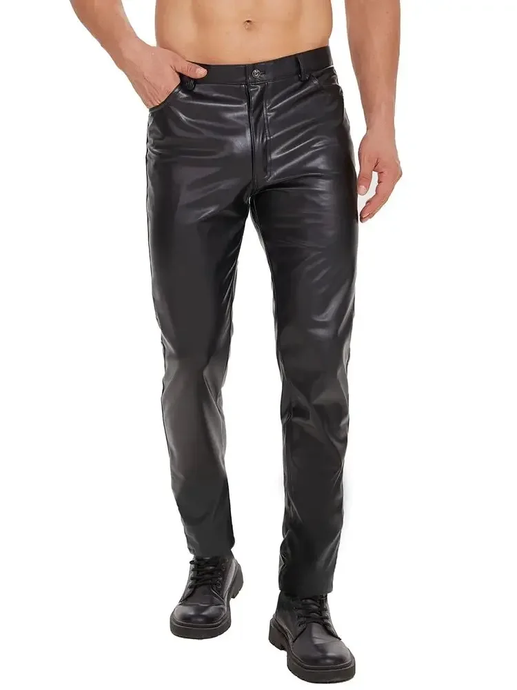 S-3XL Matt Elastic Faux PU Leather Straight Pencil Pants Men Motorcycle Trousers Tights Fashion Streetwear Pantalon Spodnie Pant