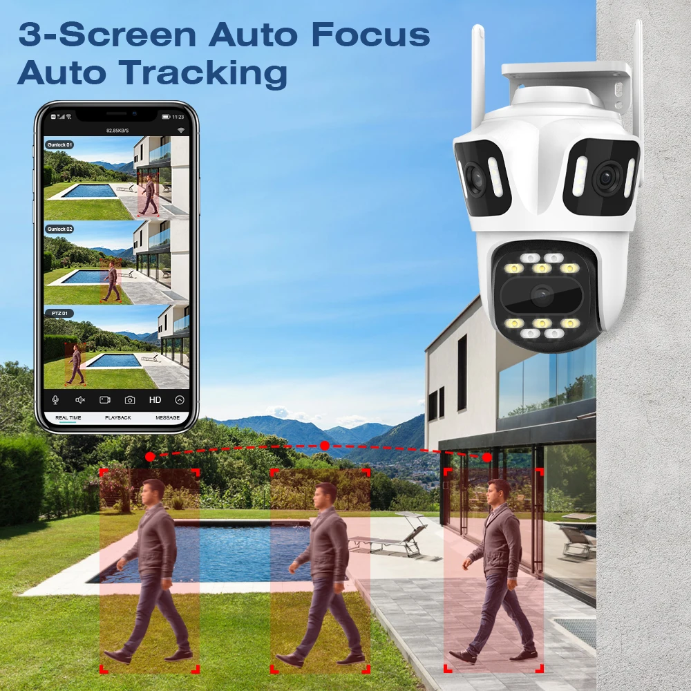 كاميرا PTZ IP بثلاثة عدسات خارجية 6K HD ثلاثة شاشات كاميرا أمان WiFi تتبع تلقائي 4K كاميرا CCTV لاسلكية مزدوجة لين iCsee