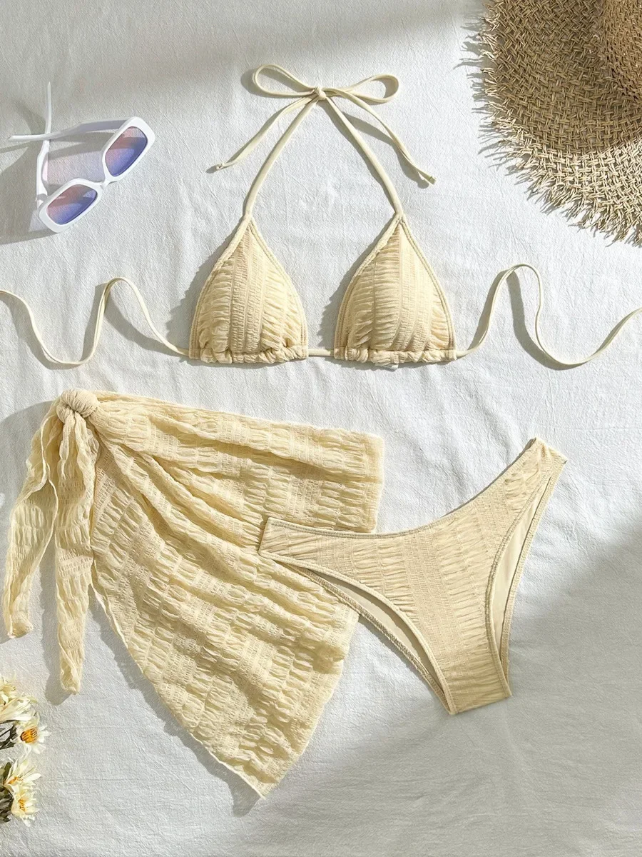 ビキニセット レディース セクシー 無地 3点セット 水着 メッシュ ビーチスカート Tバック 三角 ホルター 水着 2025年新作