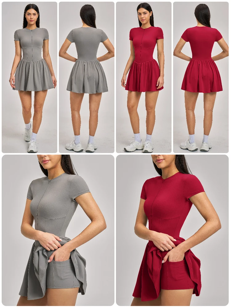 VITALINOVO Damen-Tenniskleid mit Reißverschluss vorne, Rundhalsausschnitt, fließend, plissiert, ärmellos, Mini-Golf-Sportkleid mit Shorts-Tasche – Detail 7