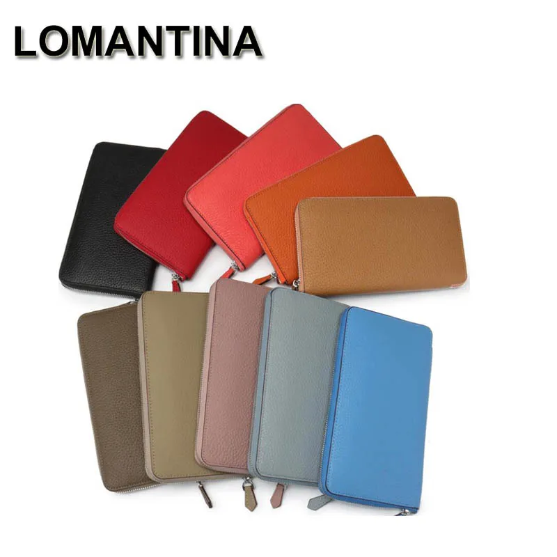 

LOMANTINA Business Card Holder Wallets For Women Men Long Zipper Travel Purses Genuine Leather Cow Leather with Orange Gift Box