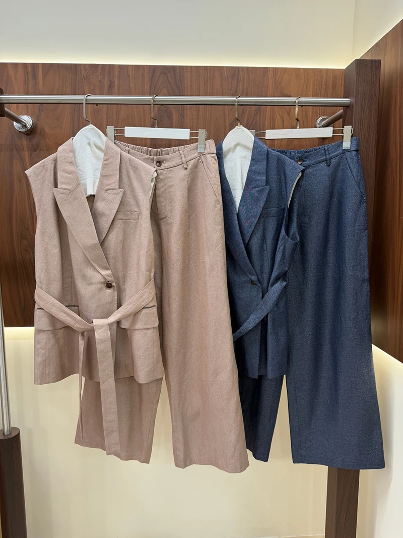 Conjunto Casual de Lino para Mujer, Chaleco sin Mangas con Cinturón y Pantalones Anchos