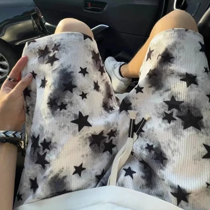 

Oversized Shorts Mens American Style Tie-Dye Star Pattern Knee Length Straight-leg Pants High Waist Breathable Basketball Shorts