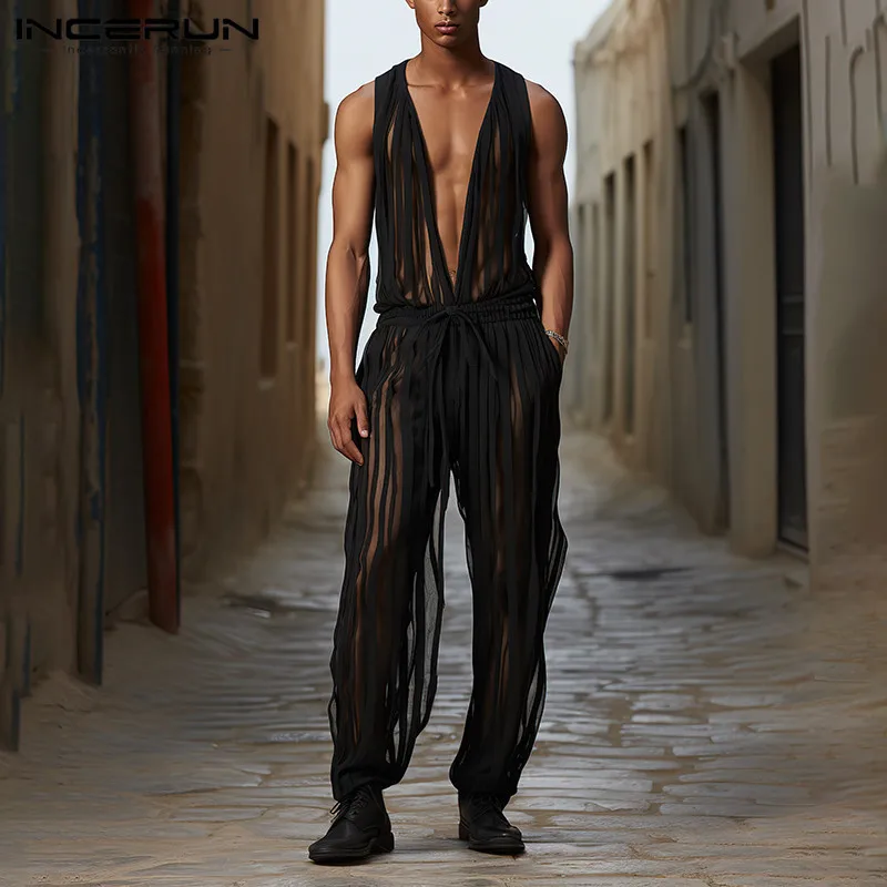 

INCERUN Men Jumpsuits Mesh Transparent Striped Deep V Neck Sleeveless Male Rompers 2024 Streetwear Drawstring Fashion Overalls