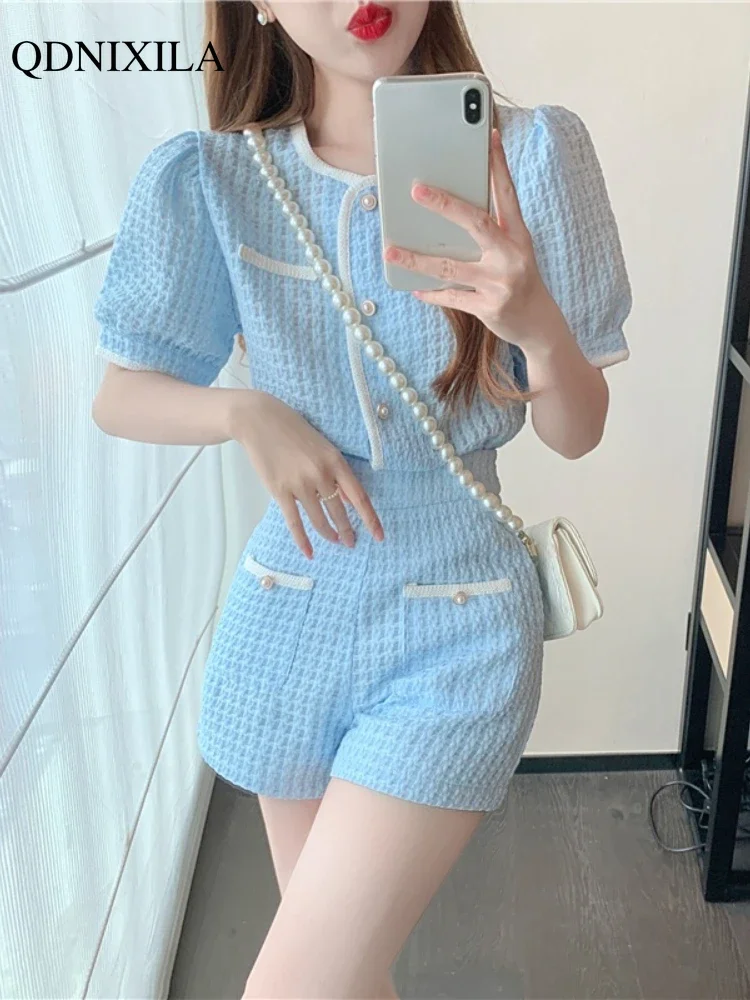 2024 Summer Women\'s Short Sets Korean Style Fashion Short Sleeve Top and Shorts 2 Piece Set Outfit Suit with Shorts for Women