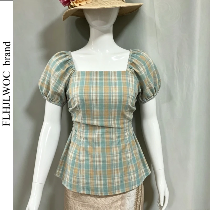 Green Red Plaid Shirts New Cute Sweet Girls Woman Summer Short Sleeve Chic Korea Slim Waist Retro Vintage Peplum Tops Blouses