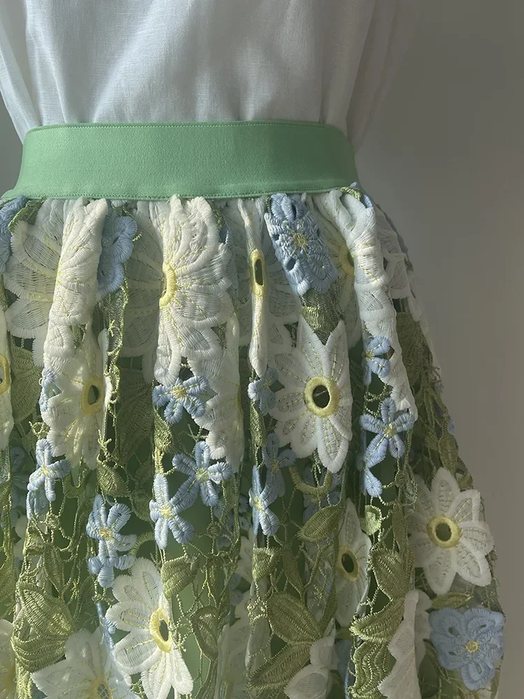 JIAMI-falda de encaje con bordado Floral para mujer, falda de dobladillo grande Vintage verde de alta calidad, ropa elegante para fiesta