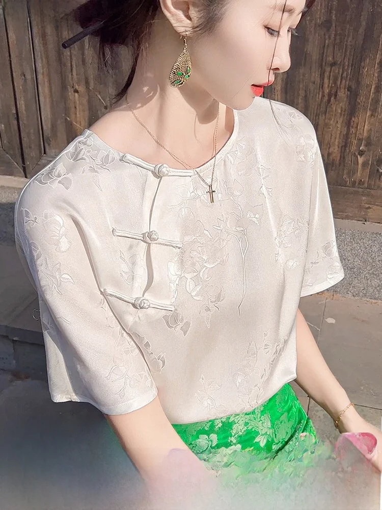 

Young Style Silk Short Sleeve Shirt Chinese New Style Set Skin-friendly Breathable round Neck Plant Floral Pattern