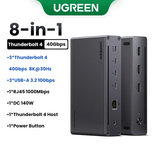 UGREEN Estación de acoplamiento 8 en 1 8K30Hz Thunderbolt 4 40Gbps Dock USB3.2 Gen2 10Gbps con adaptador UE para portátiles MacBook PC USB HUB