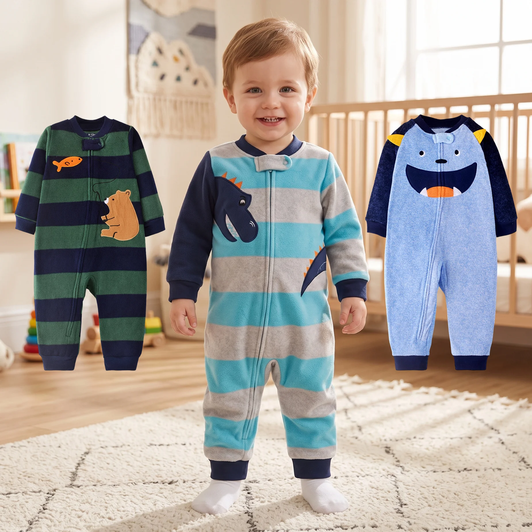 Infant Boys Striped Raglan Contrast Sleeve Polar Fleece Zip Romper Cartoon Embroidery Warm Autumn Winter Baby Jumpsuit 12-24M