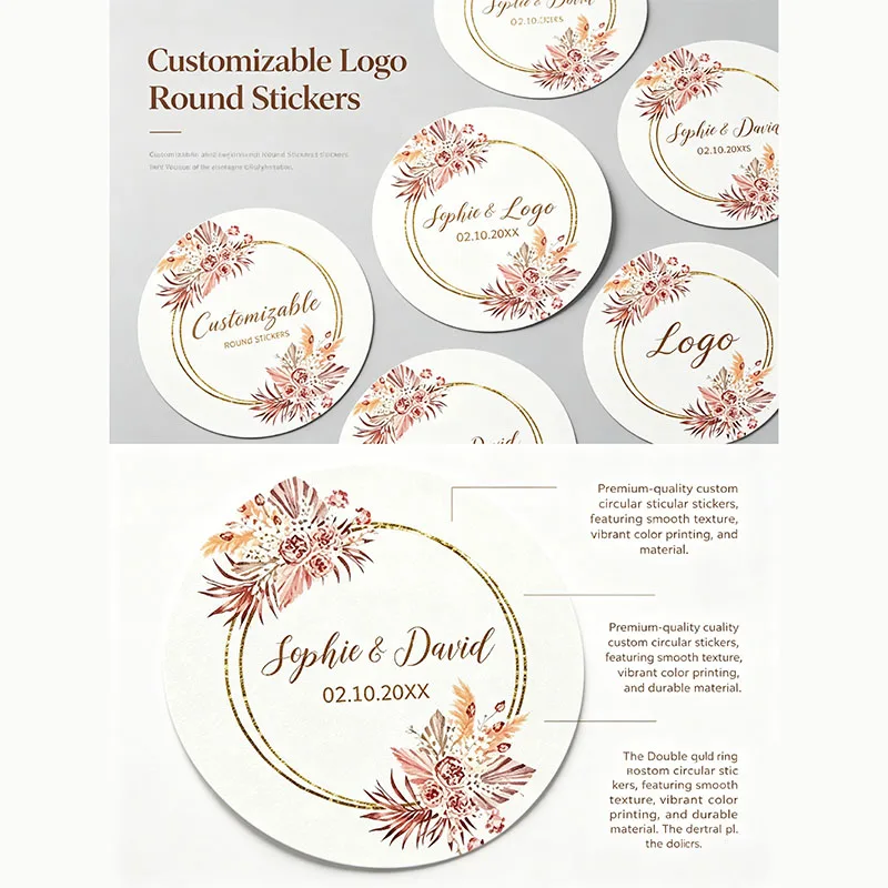 Custom Names Date Wedding Stickers Boho Dusty Pink Floral Gold Circle Label Personalized Favor Sticker For Gift Box Envelope - view 3