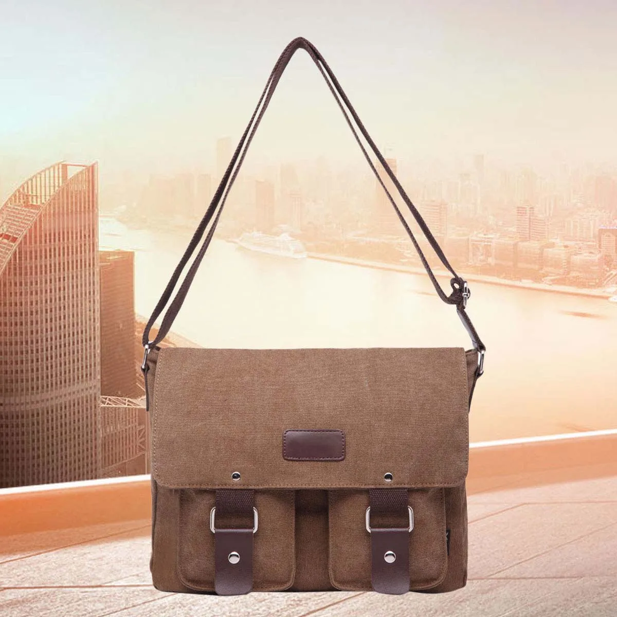 

Shoulder Bag For Men Vintage Canvas Crossbody Messenger Bag Adjustable Strap Coffee Color Large Capacity Laptop Satchel