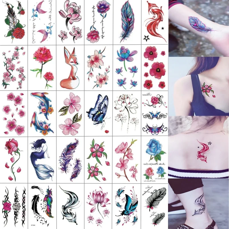 30 Sheets Fake Tattoos Stickers Lotus Blossom Feather Mermaid Temporary Tattoo Adhesive for Women Girls Body Chest Wrist Makeup