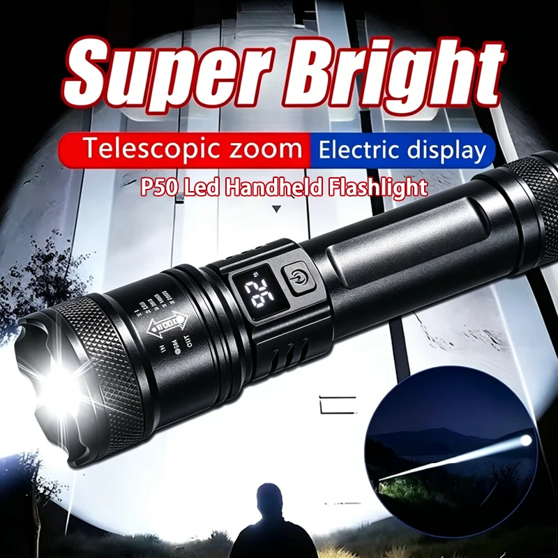 100000LM P50 LED Tactical Flashlight Zoomable USB Rechargeable Torch with Level Display Waterproof for Outdoor Hunting Lantern