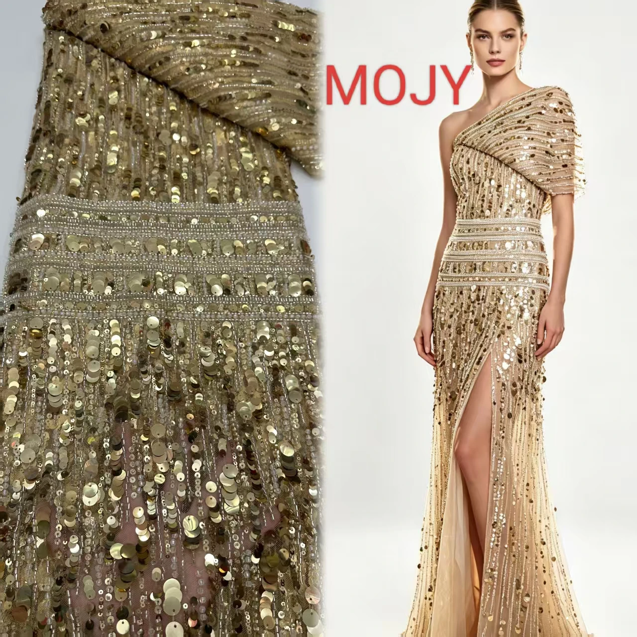Gold Fringe Sequin Lace Fabric Heavy Beaded Tulle Mesh Fabric Vertical Sequins Embroidery Lace for Wedding Evening Prom Dress Se