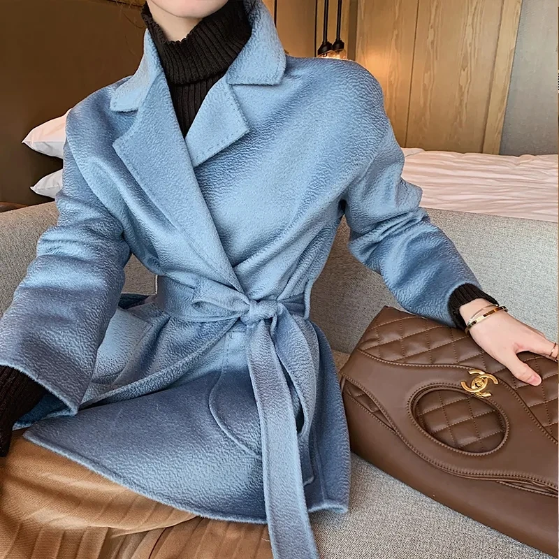 New Outerwear Double-sided Ripple Turn-down Collar Lacing Cashmere Coat Women's 2023 Winter Fashion Luxury Hepburn Wool Jackets