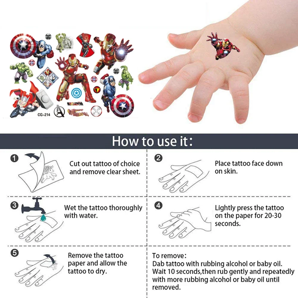 Marvel Spiderman Tattoo Sticker Action Figure Anime Iron Man Avengers Waterproof Tattoo Sticker For Boys Toys Kids Birthday Gift