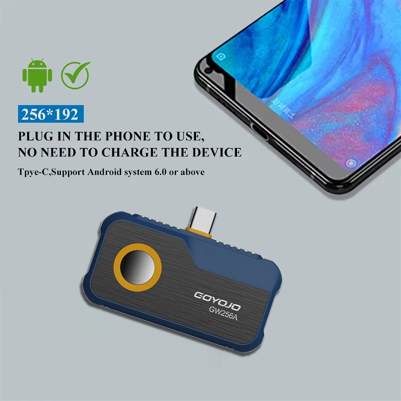 Thermische camera 256 * 192 pixels Android Type C mobiele telefoon -20 ° C~550 ° C Infrarood warmtebeeldcamera voor elektrische reparatie GW256A