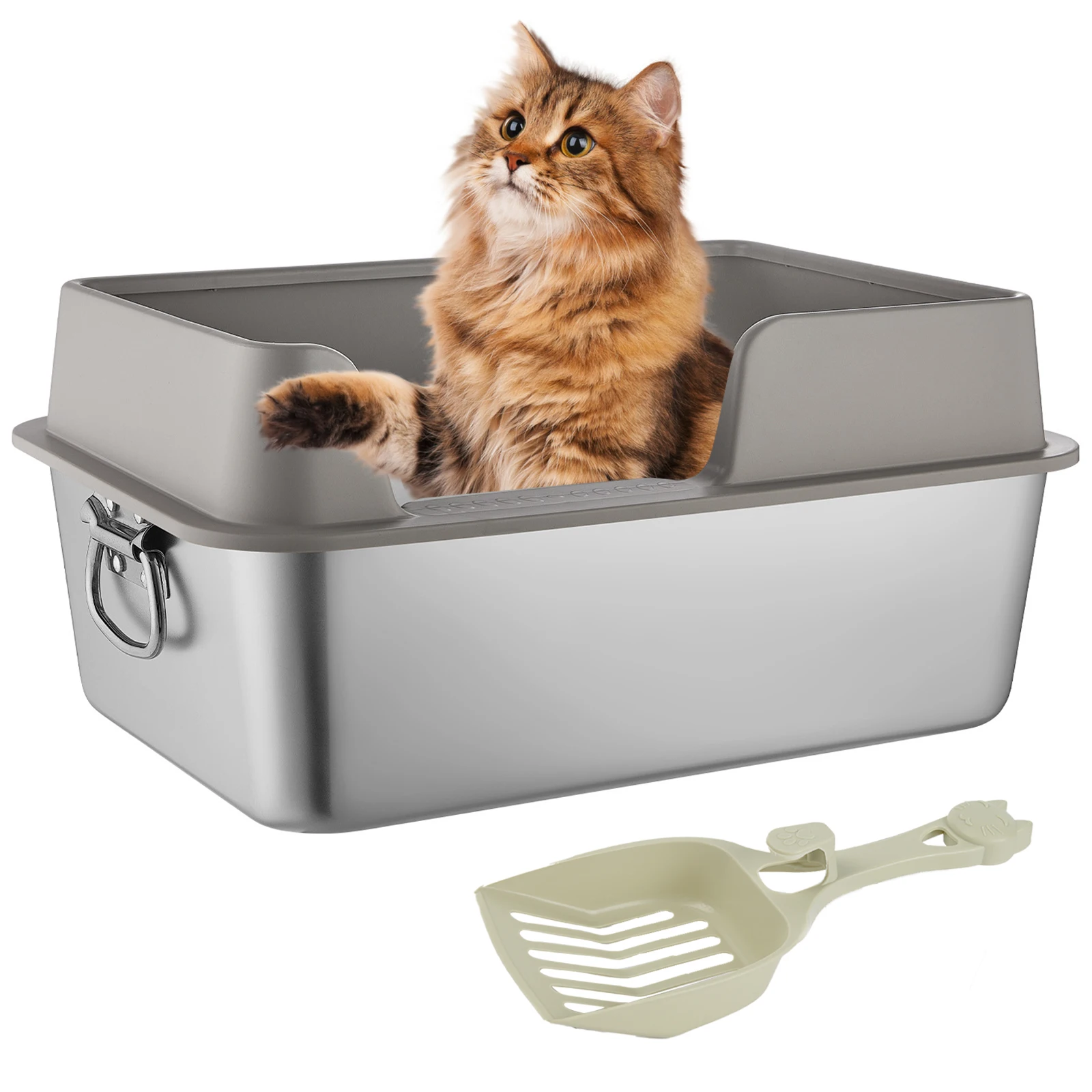 Cat Litter Box with Scoop Stainless Steel Extra Large Cat Toilet Non-Leaking Easy to Clean Metal Cat Litter Pan Pet Supplies