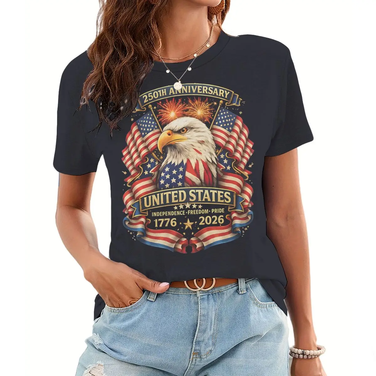 250th Anniversary USA 1776-2026 Women TShirt Vintage American Eagle Flag Tee Patriotic 4th of July Independence Day Casual Shirt