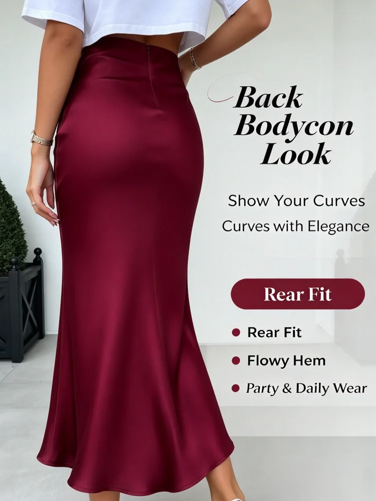 Damen Satin-Midirock, hohe Taille, schmale Passform, burgunderrot, weinrot, seidenartiger Satinrock, elegant, lässig, für Büro und Party – Detail 4