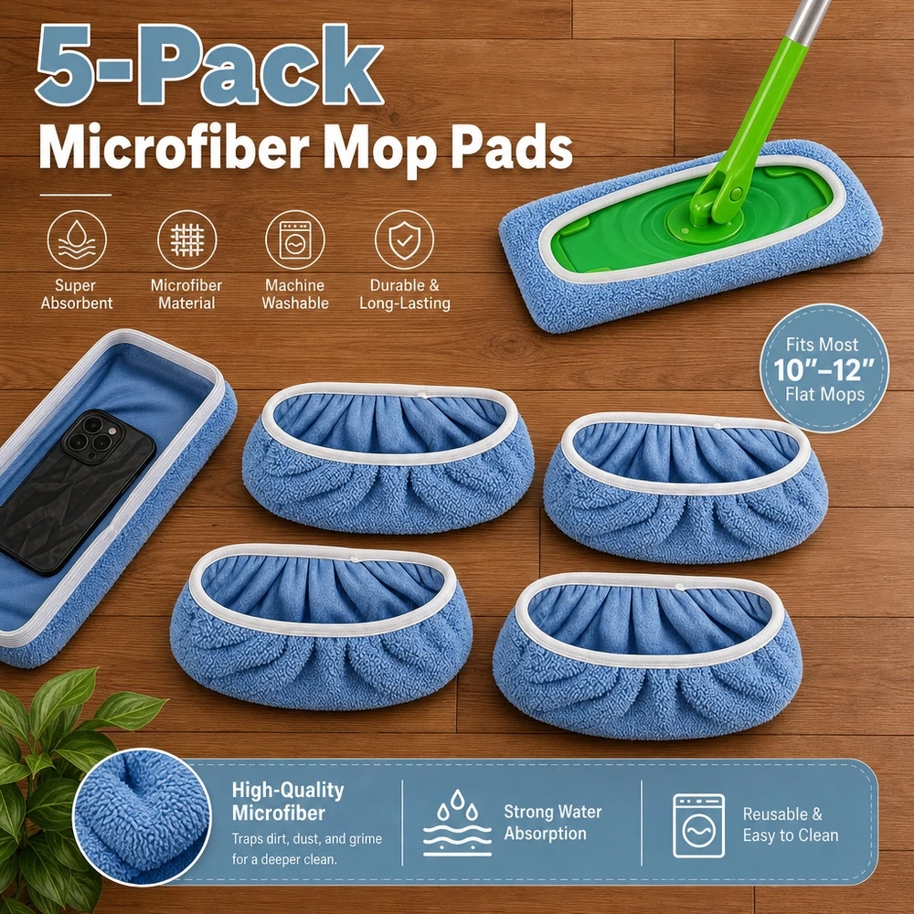 Machine Washable Reusable Microfiber Mop Pads 5 Pack Fits 10x4.5 Inch Heads Great for Laminate Tile Stone