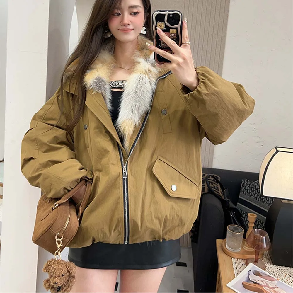 Femmes coréennes vers le bas manteaux col de fourrure de renard ample décontracté en duvet d'oie femme doudoune automne hiver 2025