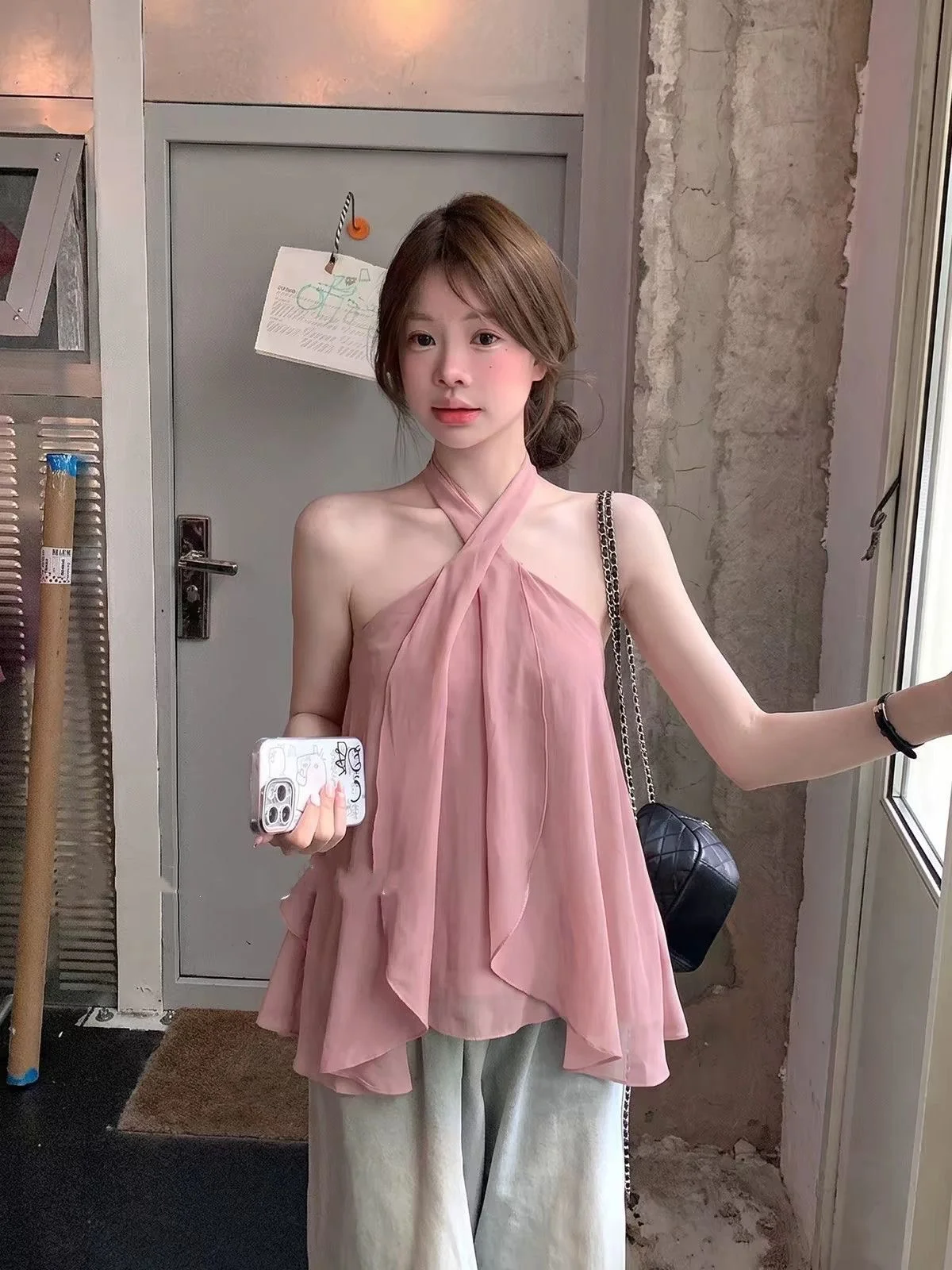 Atmospheric Pink Cross-Back Vest Women's Summer Sexy Bare Back Loose Slimming Shoulder Baring Strap Top Comfortable Commute S...
