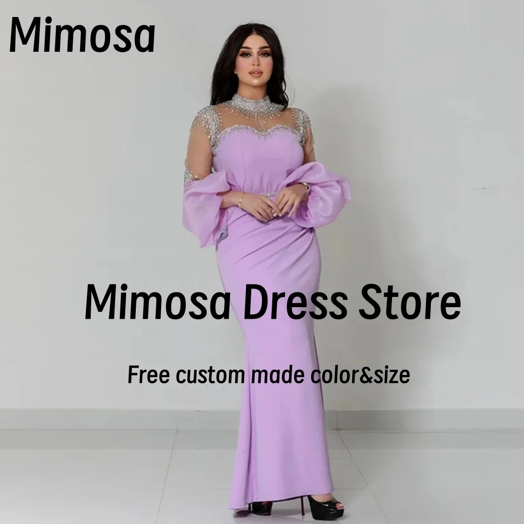 Mimosa Prom Dresses High Collar Beading Long Sleeves Evening Dress with Sash Ruched Vestidos Des Fiesta Customized