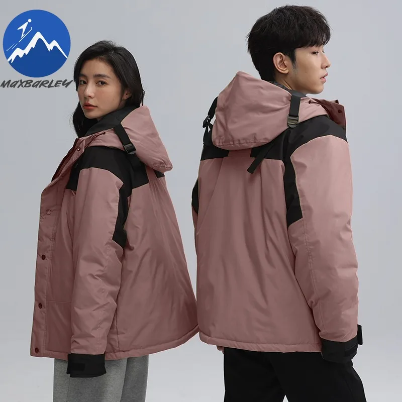 Maxbarley Unisex Down Jacket Premium Hood Outdoor Mountaineering Warm Parka Splicing Design Hiking Windproof Winter Puffer Coat