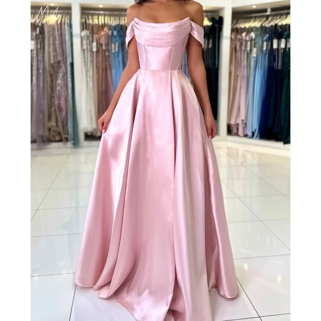 

Mila Blush Pink Off-Shoulder Prom Dresses Satin Ruched Bodice Customized Formal Evening Flared Floor-Length vestidos de gala