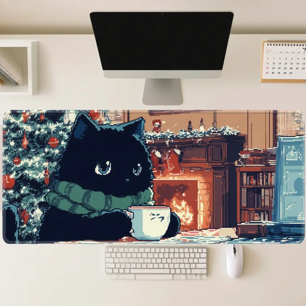Large Christmas Cat Pixel Desk Pad, Waterproof Non-Slip Gaming Mouse Pad, Cozy Winter Desk Mat for Office Home