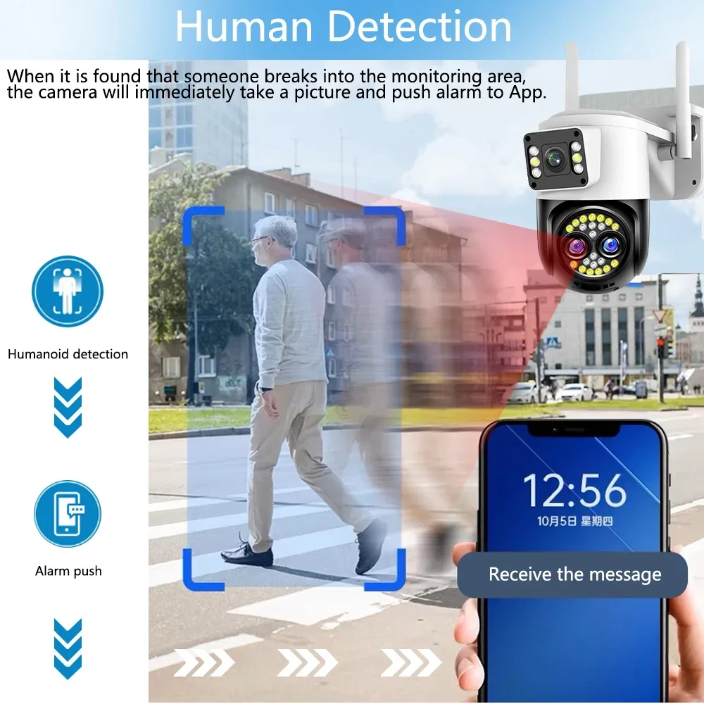 12MP 6K WiFi PTZ Camera 10X Zoom Three Lens Dual Screens Security IP Camera Waterproof Human Detection Color Night Vision ccam