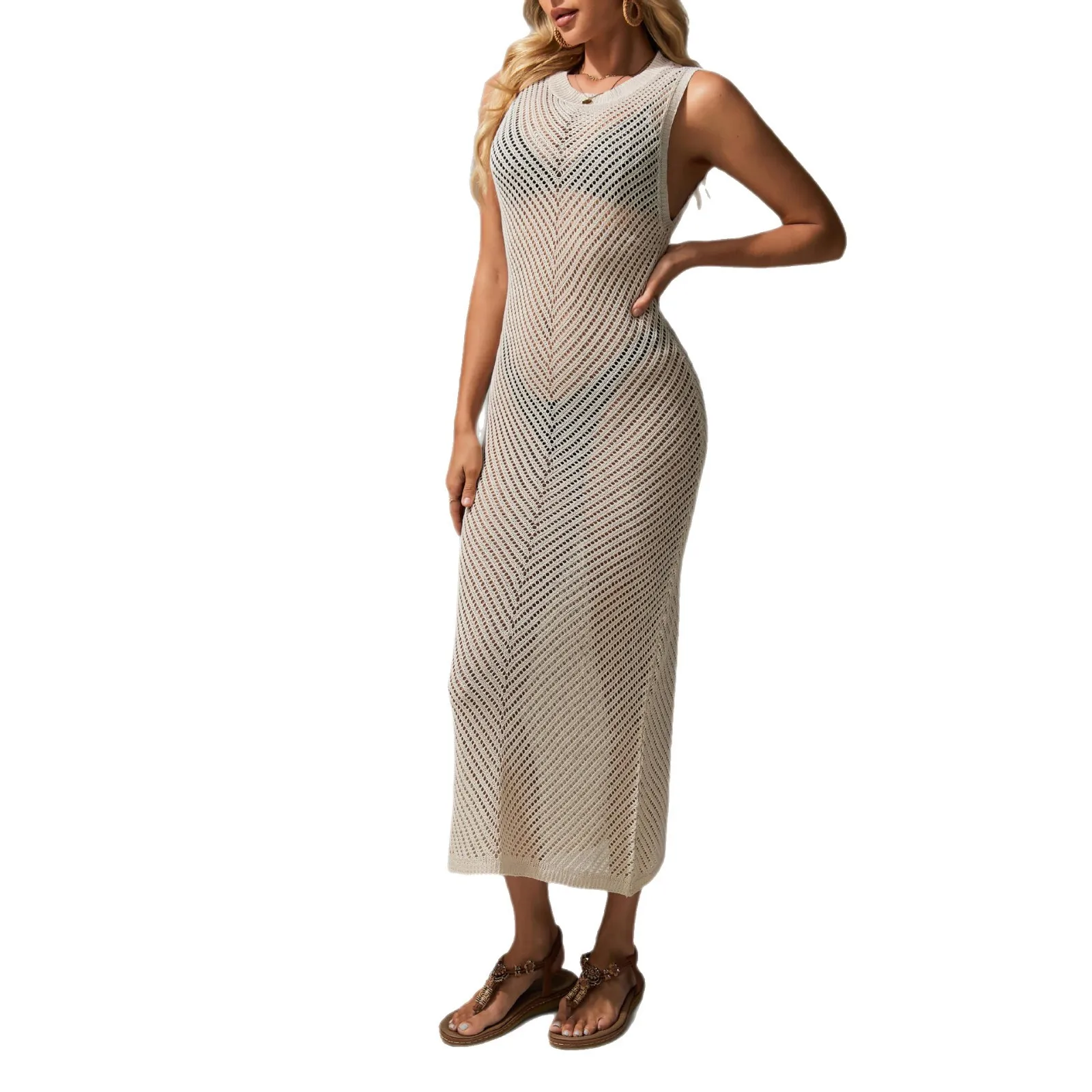 2025 novidades europeias e americanas de verão: vestido de praia transparente com cadarço sexy estilo resort casual vestido longo com gola redonda