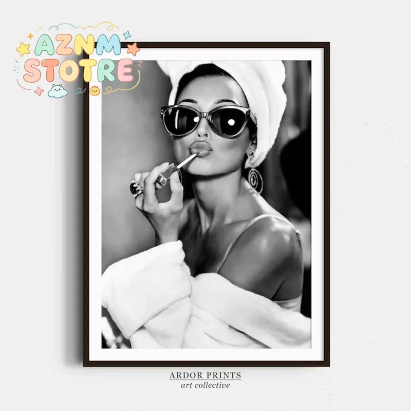 Audrey Hepburn Lipstick Canvas Art Wall Art, Black and White Print, Vintage Fashion Photo, Old Hollywood Art, Fashion Wall De