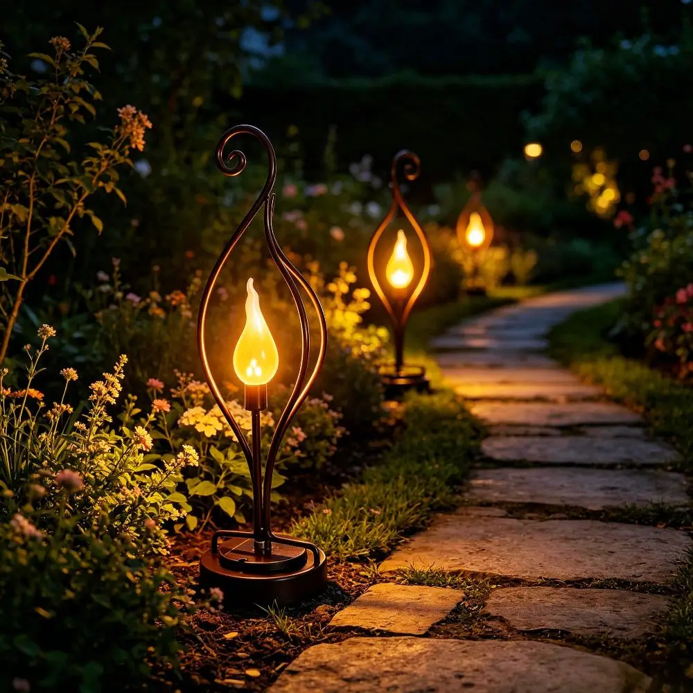 Sturdy Metal Housing Solar Flame Light Solar Powered Auto Sensing Outdoor Lawn Garden Decor Light Warm Soft Lighting