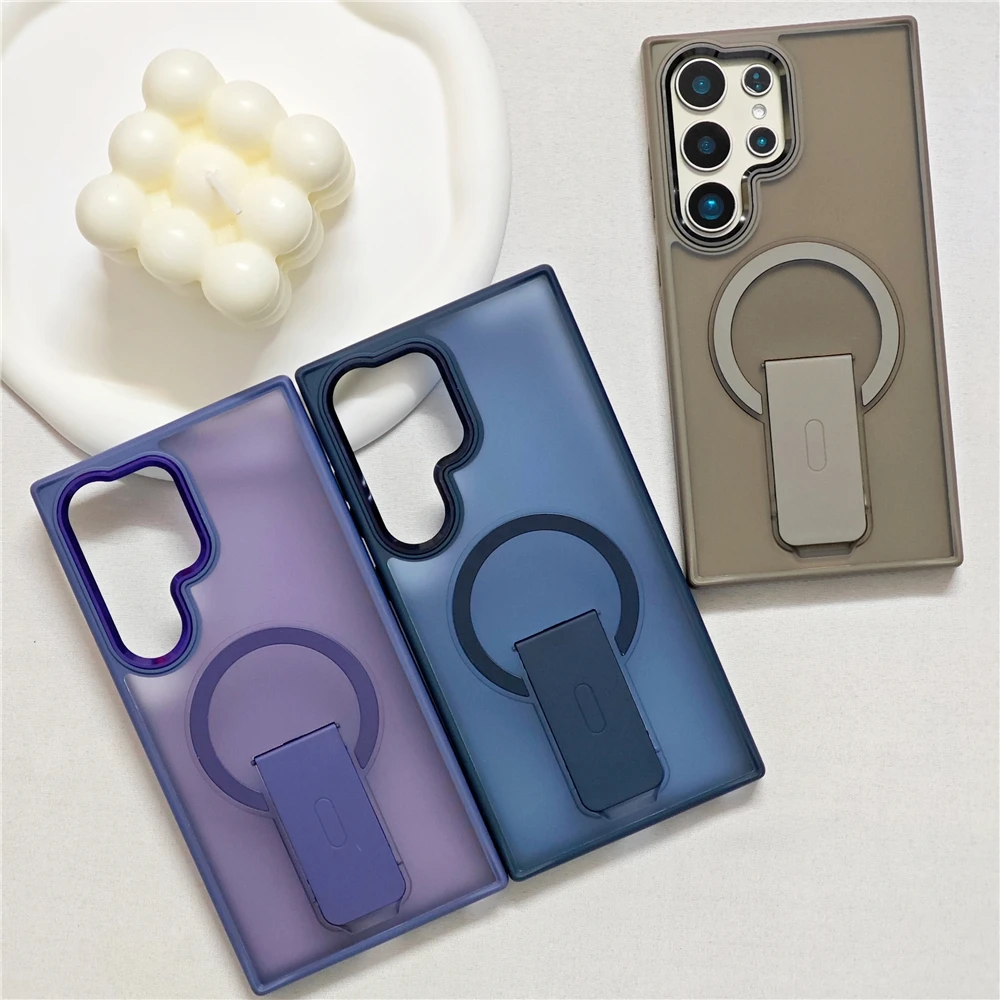 Opvouwbare Standhouder Matte Voor Magsafe Magnetische Telefoon Case Voor Samsung S25 S23 Ultra S24 Plus Draadloze Lading Clear Back Cover