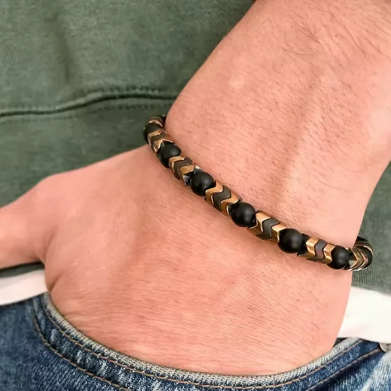 6mm Beaded Bracelet for Men Jewelry Bohemian Natural  Gemstone Black Onyx Dainty Stretch Arrow Hematite Bracelet
