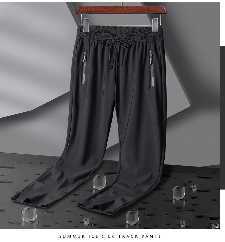 Men's Athletic Stretchy Ice Silk Quick Dry Pants Zipper Pockets Lightweight Sweatpants Outdoor Hiking Breathable Running Workout
