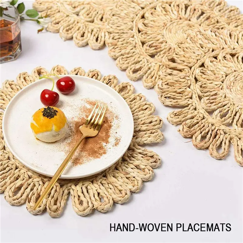 16X Round Woven Placemat For Dining Table,Natural Braided Rattan Tablemat Hollow Wicker Plates-AT36
