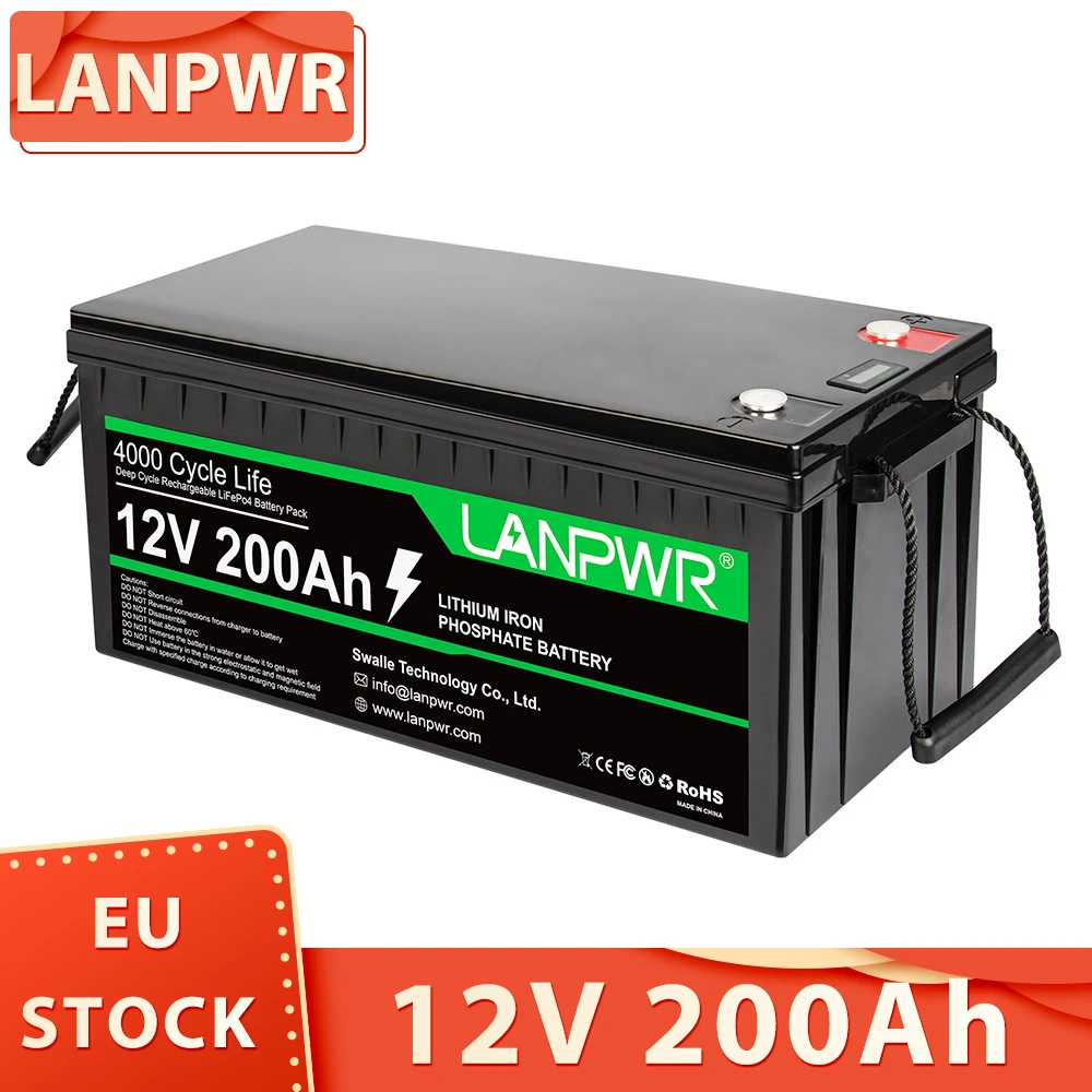 LANPWR 12V 200Ah LiFePO4 Lithium Battery Pack Backup Power, 2560Wh Energy, 4000+ Deep Cycles, Built-in 100A BMS, Solar, Off-Grid