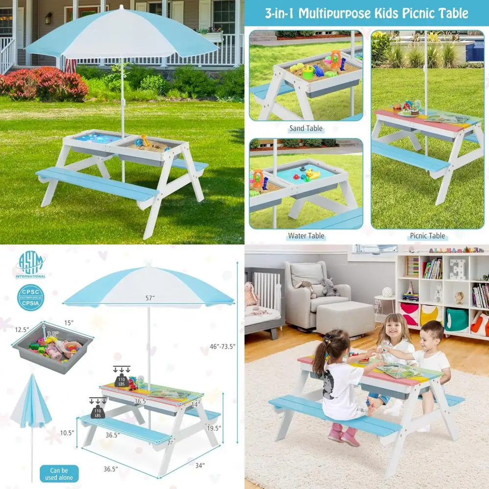 

Adjustable Height 3-in-1 Kids Picnic Table with Detachable Sand and Water Play, Removable Boxes, Foldable for Outdoor Fun