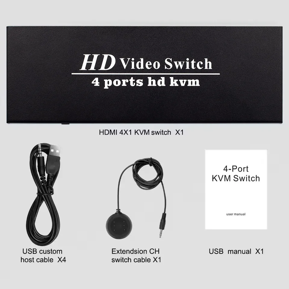 

4 Ports KVM Switcher 4 IN 1 Out HDMI-compatible Switch Splitter for Sharing Monitor Keyboard Mouse Adaptive EDID/HDCP Decryption