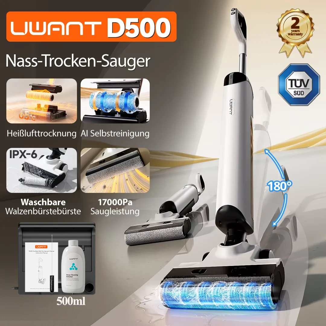 UWANT D500 Nass-Trockensauger 17000 Pa Saugkraft 180 ° Lay-Flat Akku-Mopp AI Selbstreinigend 65 ° C Trocknender dreiseitiger Rand