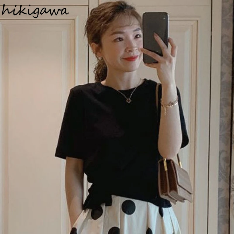 2 Piece Sets Women\'s Clothing Short Sleeve O-neck Tshirt High Waist Polka Dot Loose Skirt Outfits Vintage Fashion Summer Suit