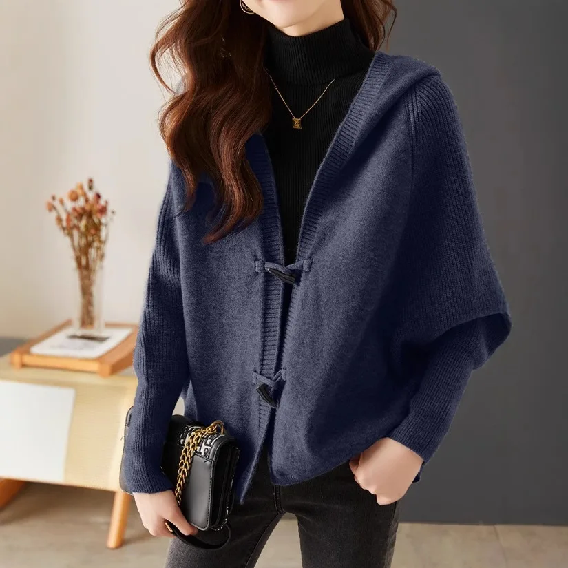 BOWEYLUN, chaqueta cárdigan de punto para ir al trabajo de Color sólido, Tops informales holgados con capucha y botones de cocodrilo para primavera y otoño para mujer