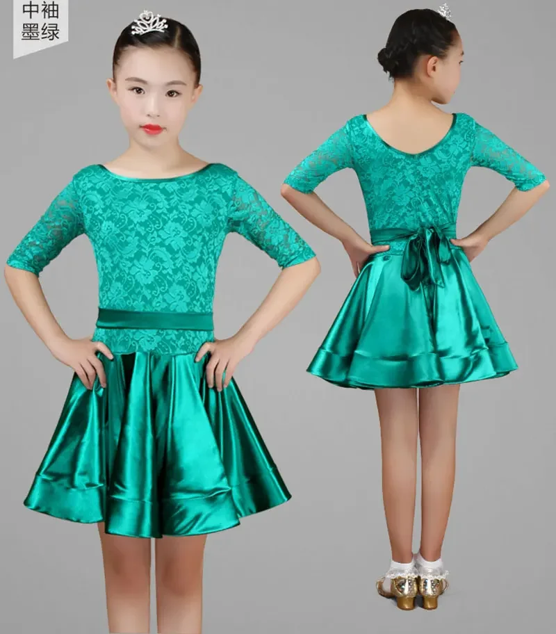 Kid Girls Latin Dance Dress Costumes Child Mid Sleeve Ballroom Dance Costume Lace Latin Dance Dress For Girls