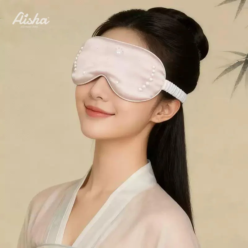 Aisha Chinese stijl dubbelzijdig zijden slaapmasker met strass steentjes, luxe pareldecoratie, zacht oogmasker, draagbaar voor reizen & dutjes, zijden cadeaudoos voor cadeaus